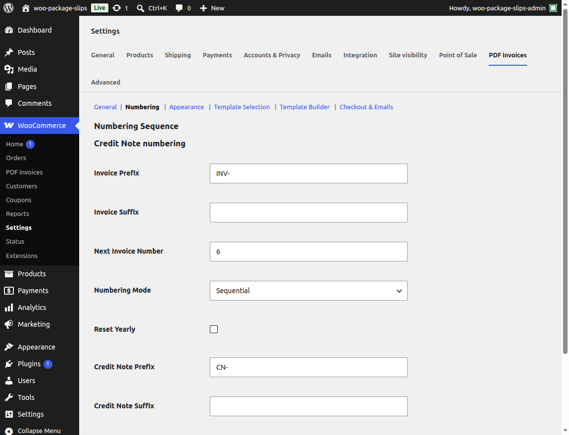 Numbering Settings