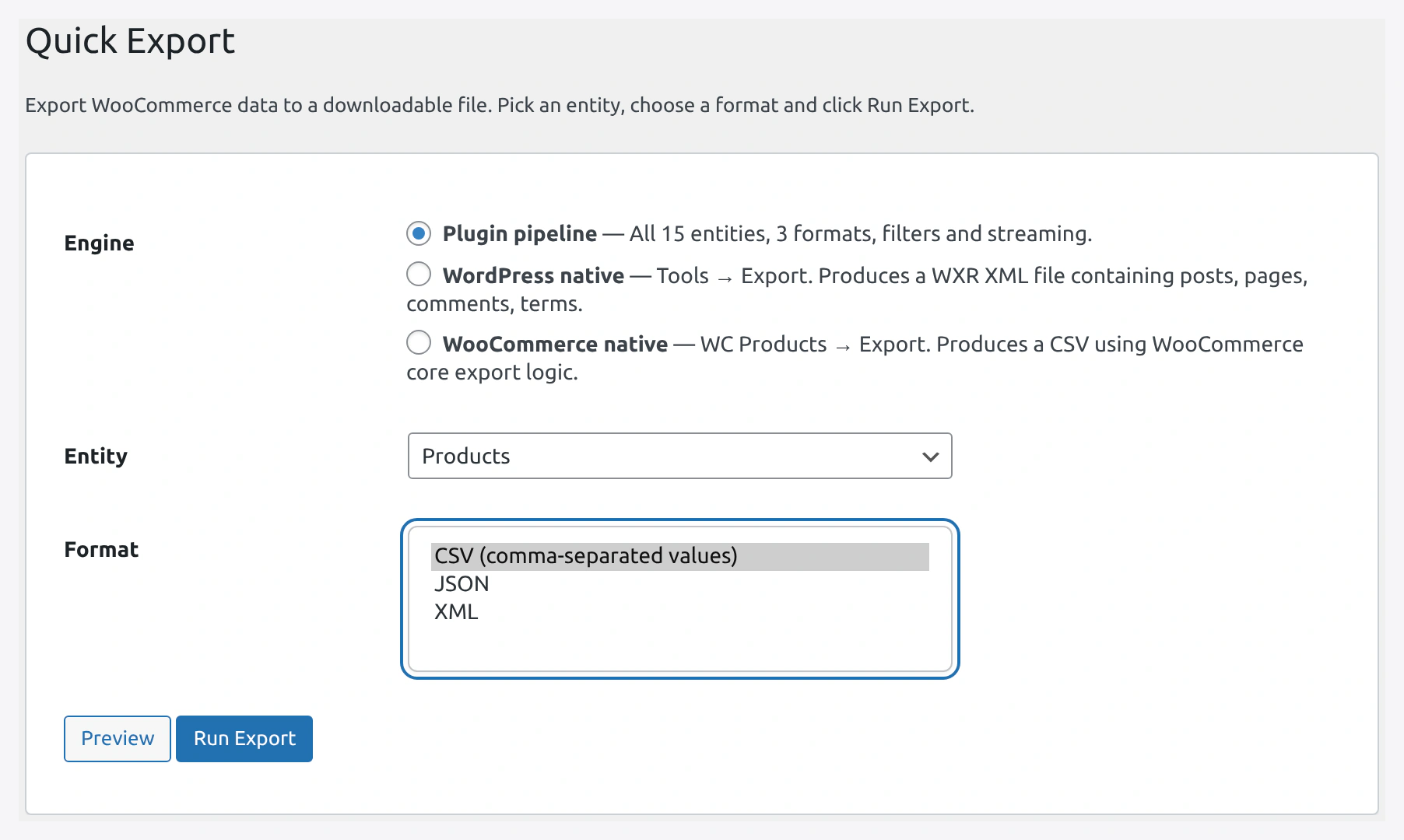 Format dropdown options