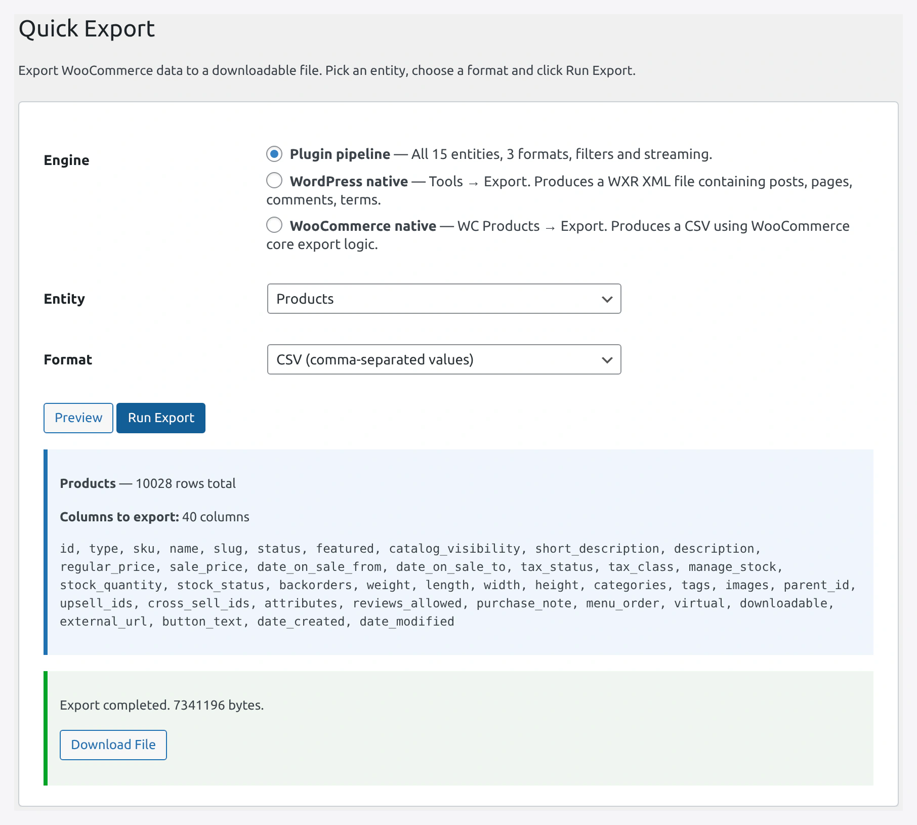 Export result panel with Download File button