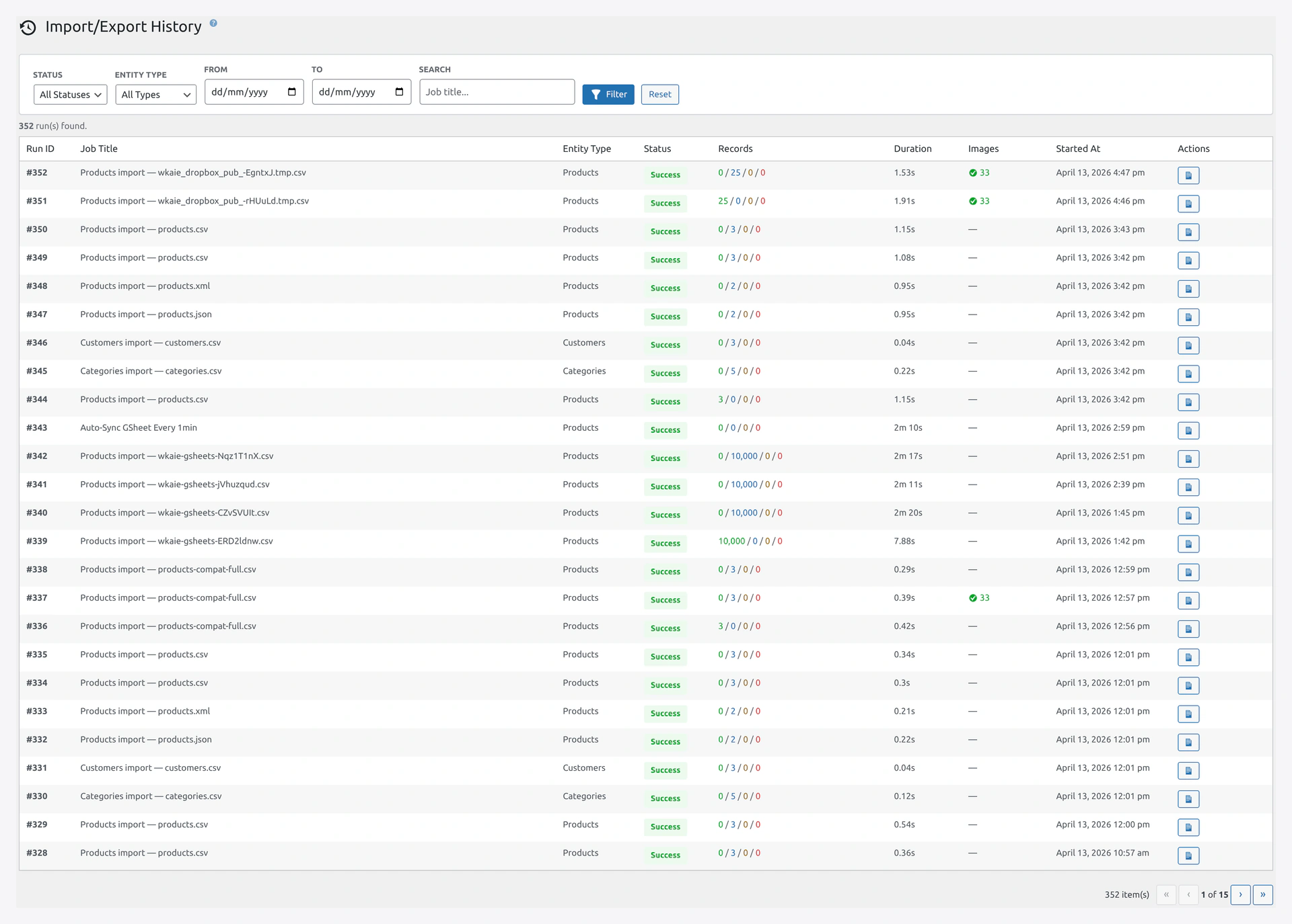 History page — run log with filters and rollback