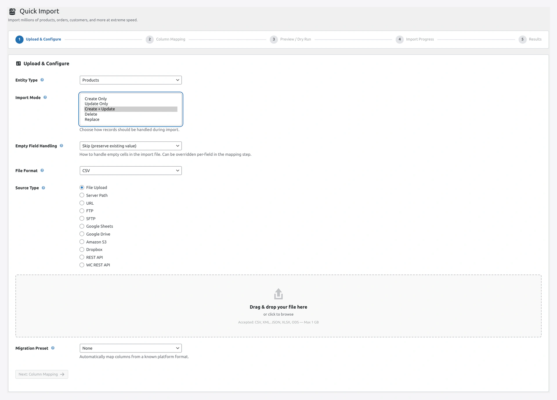 Import Mode dropdown