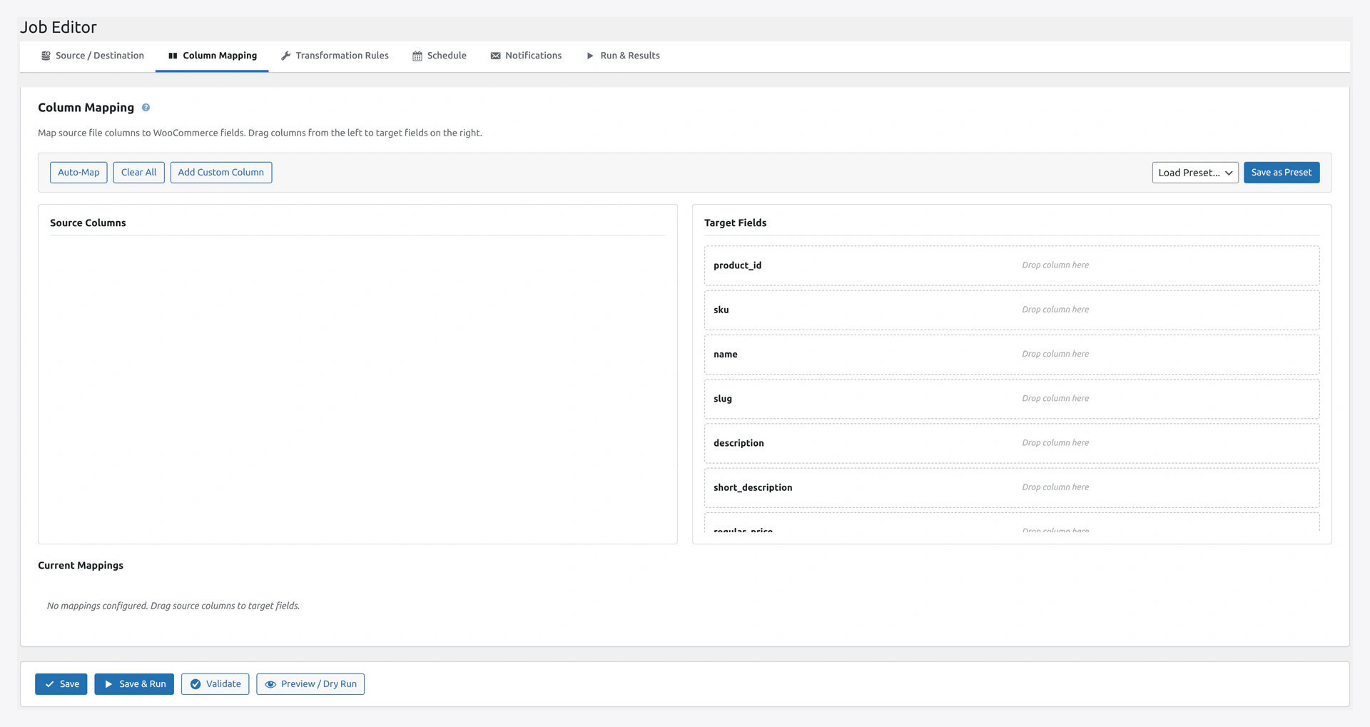 Job Editor — Column Mapping tab