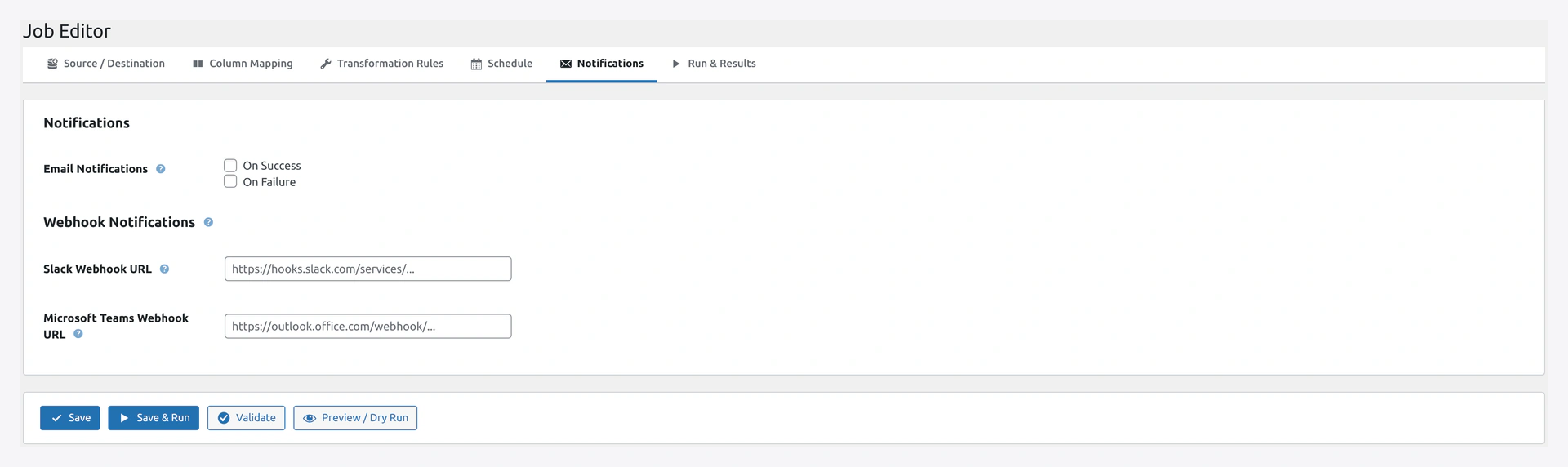 Job Editor — Notifications tab