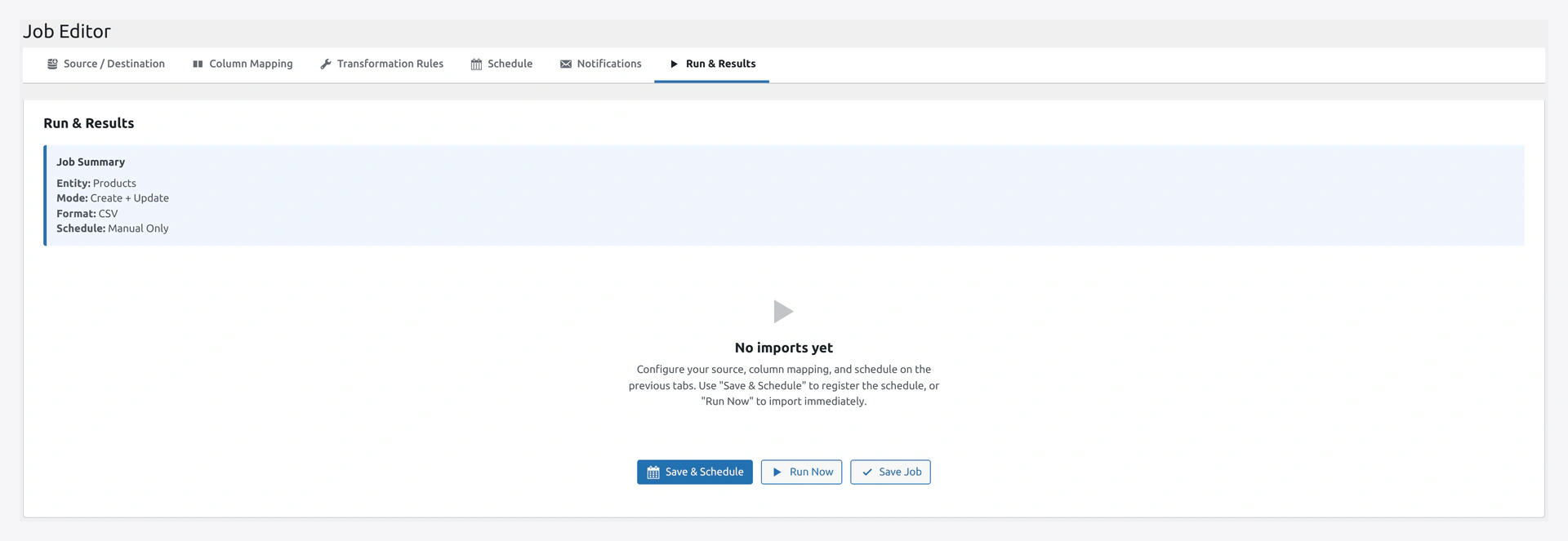 Job Editor — Run & Results tab