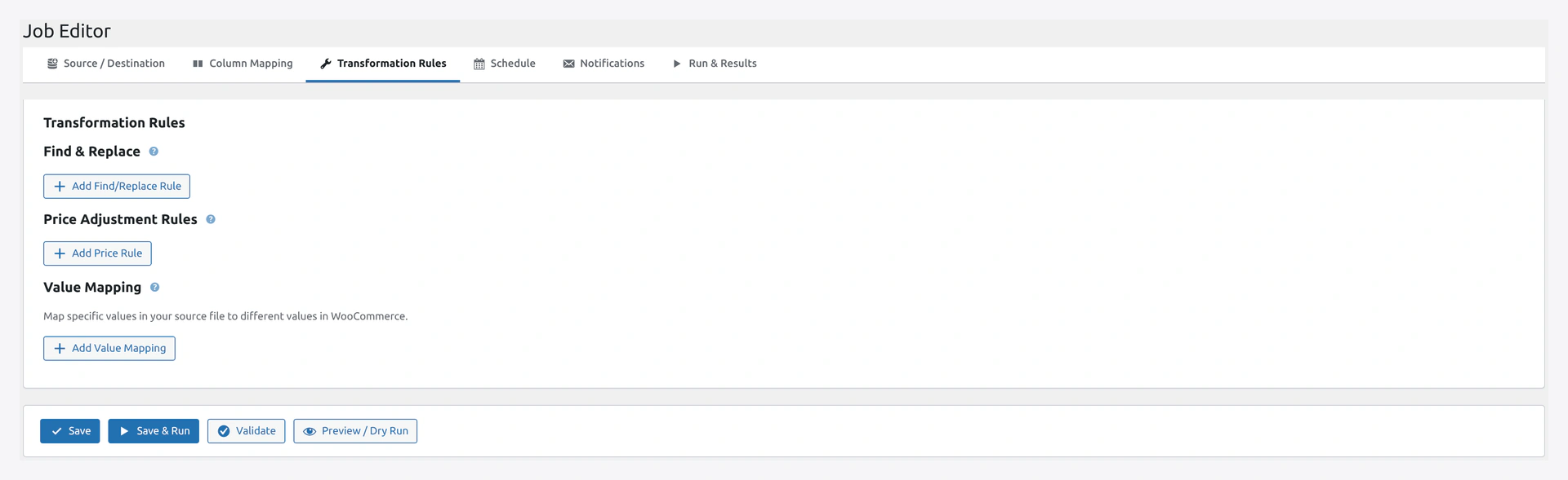 Job Editor — Transformation Rules tab