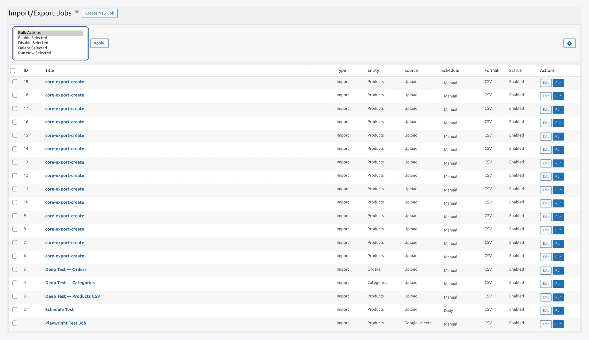 Jobs list with bulk-actions dropdown expanded