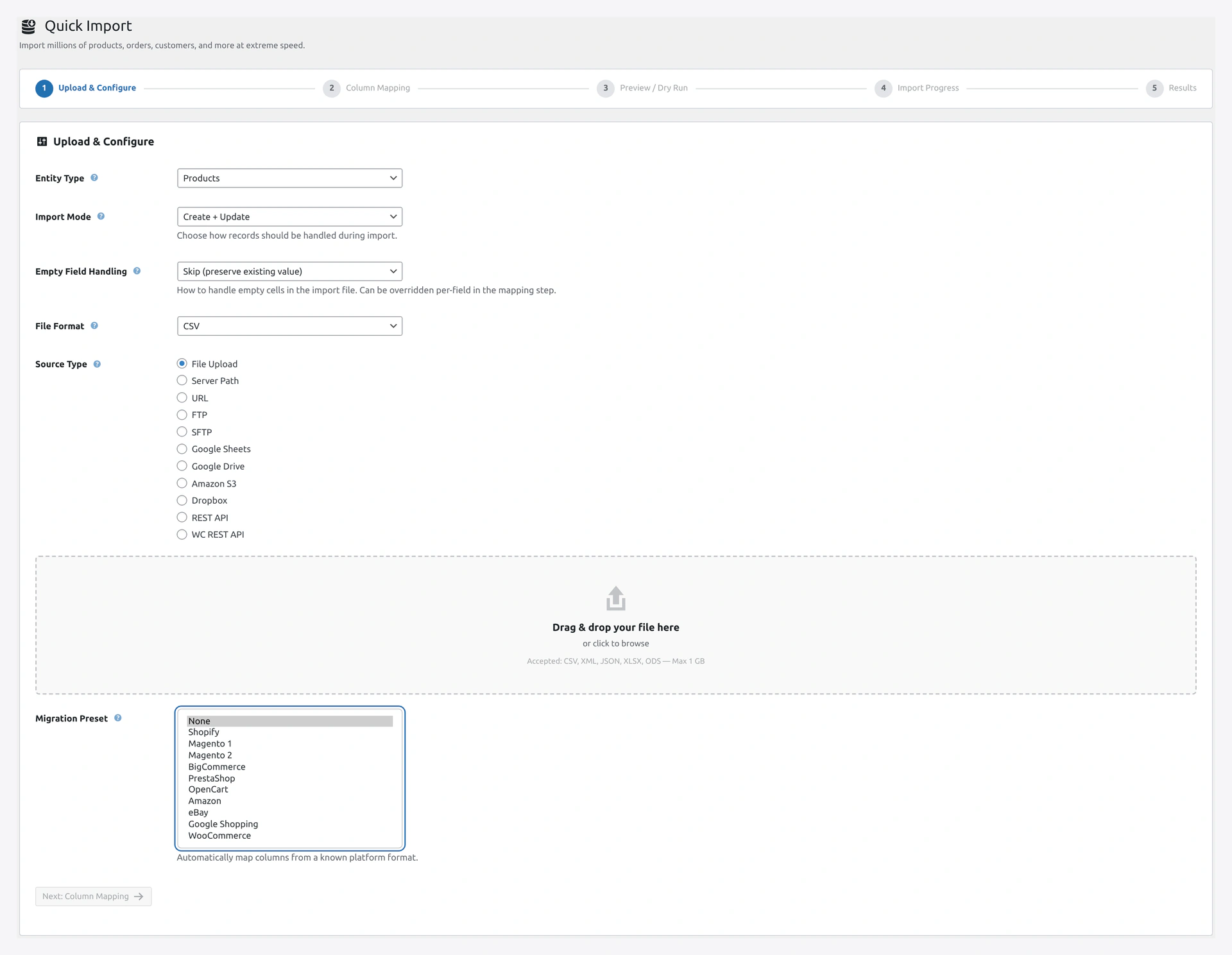 Migration preset dropdown