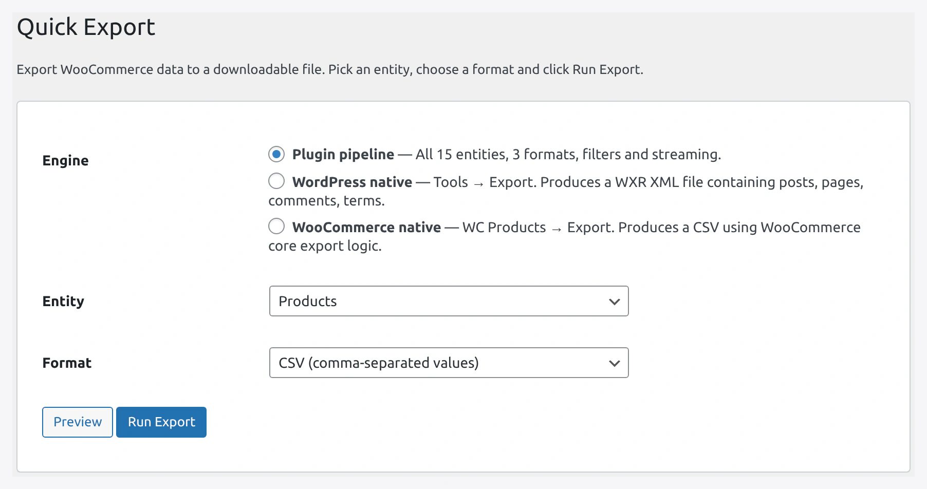 Quick Export page