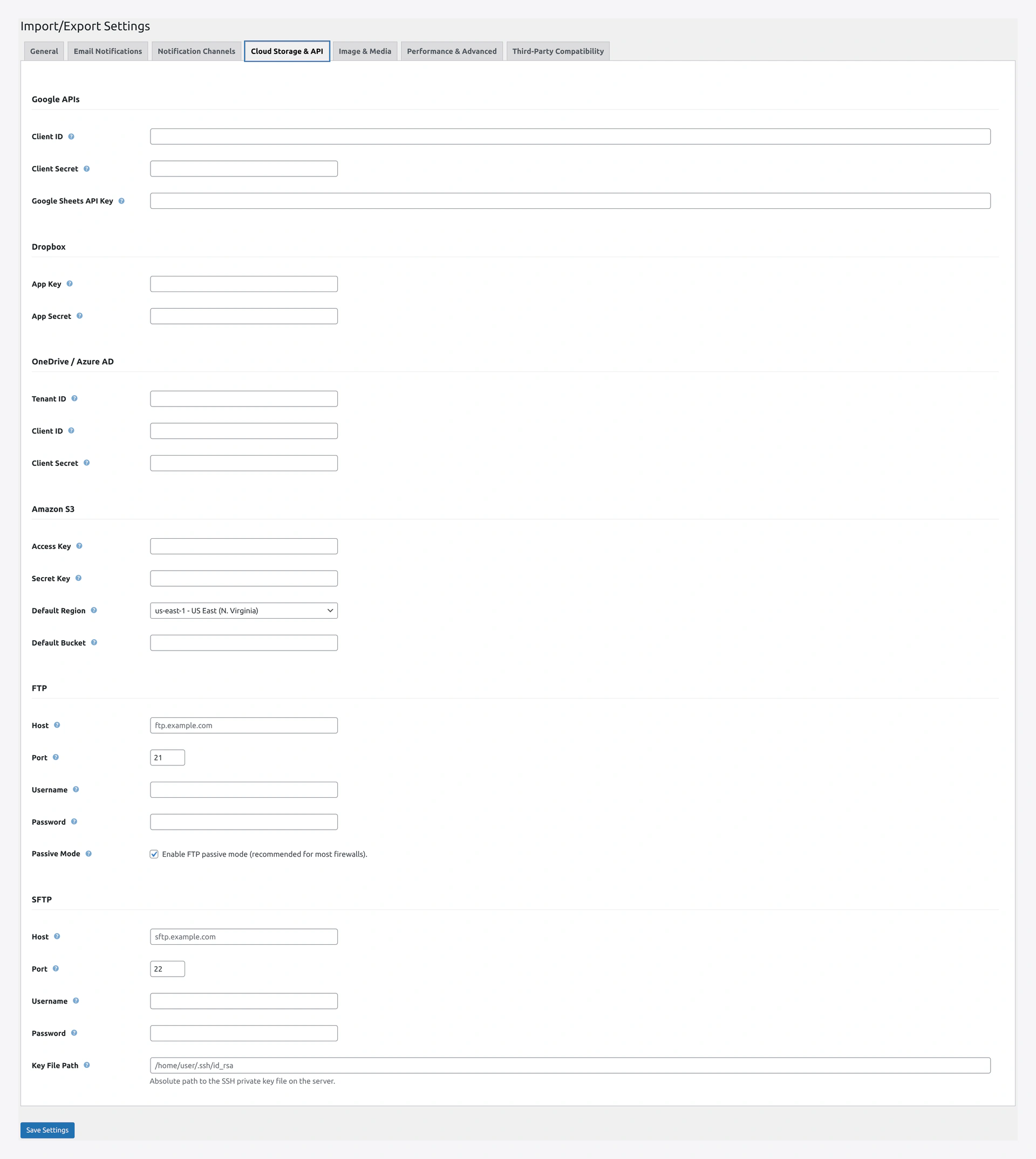 Settings — Cloud Storage & API tab
