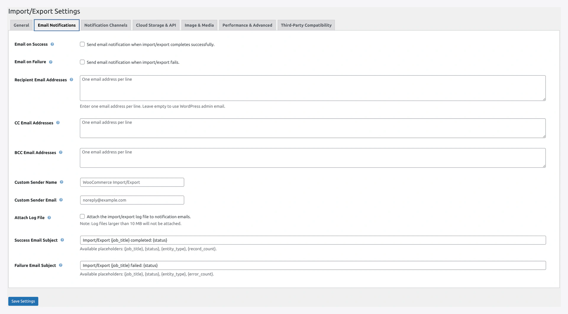 Settings Email Notifications tab