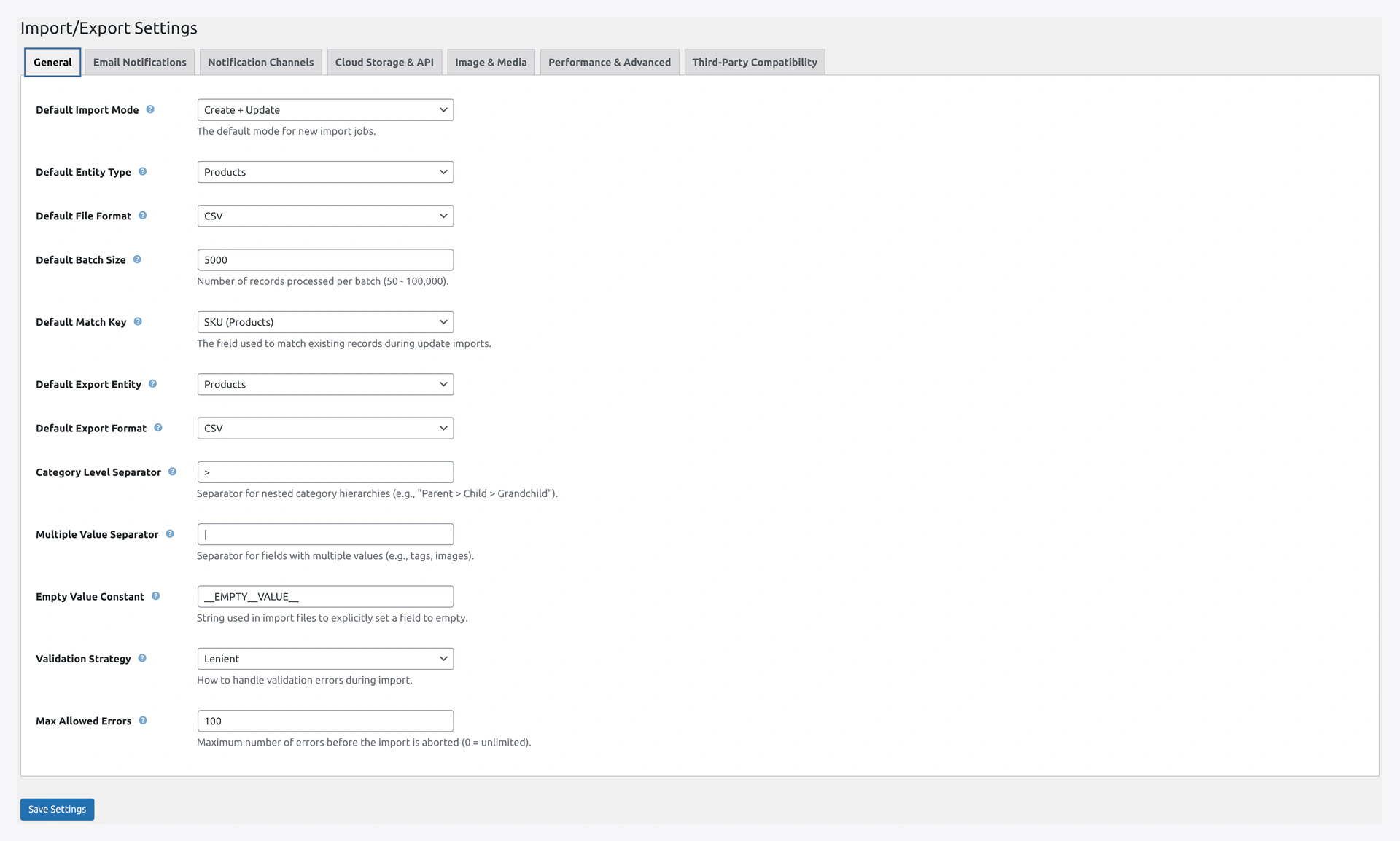 Settings General tab