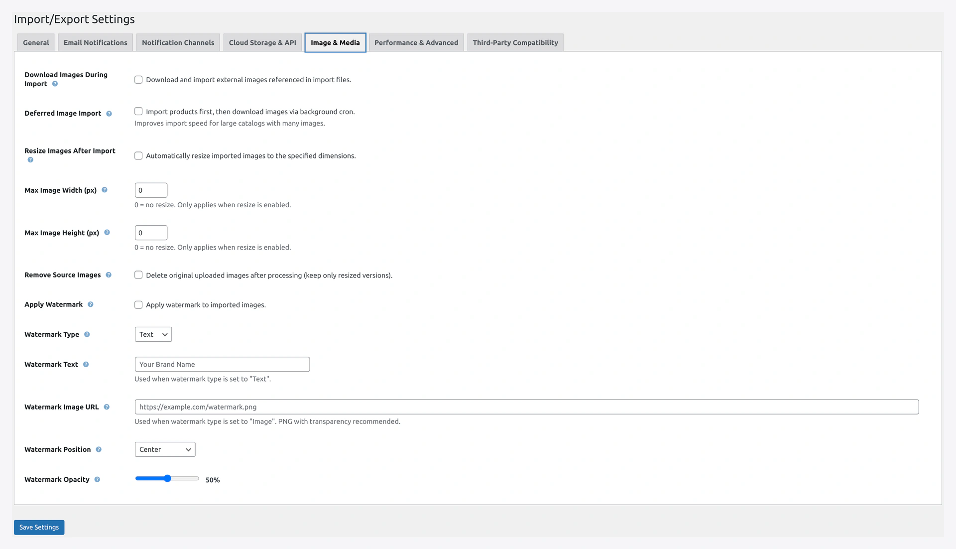 Settings — Image & Media tab