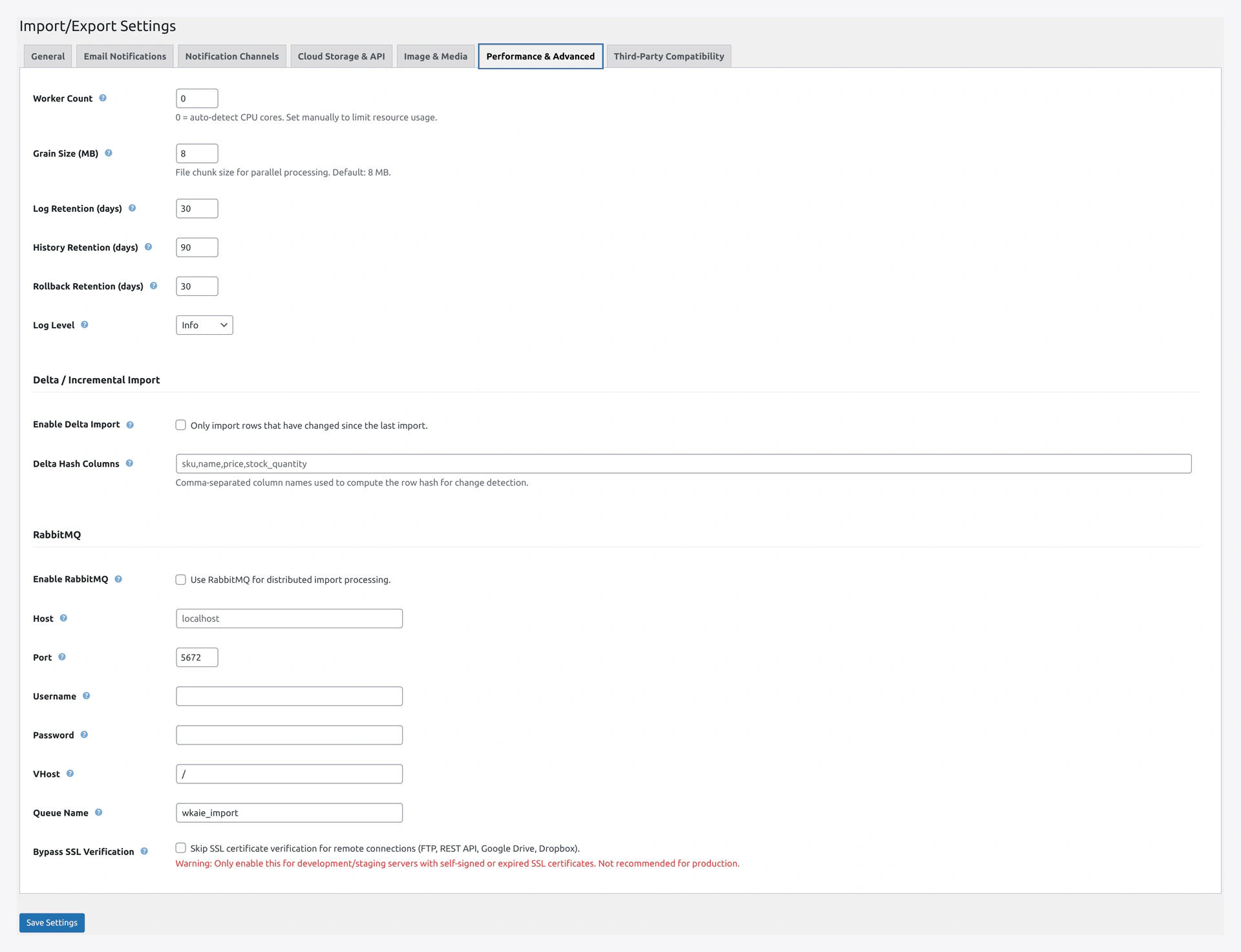 Settings — Performance & Advanced tab showing Delta / Incremental options