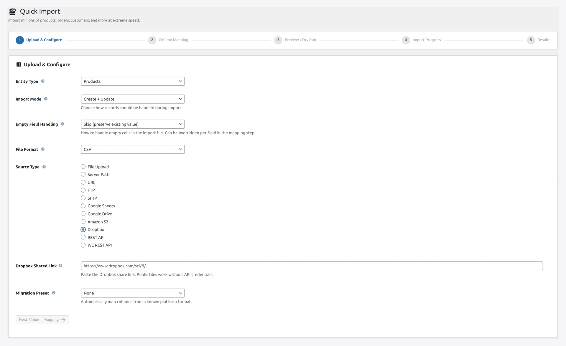 Dropbox source panel in import wizard