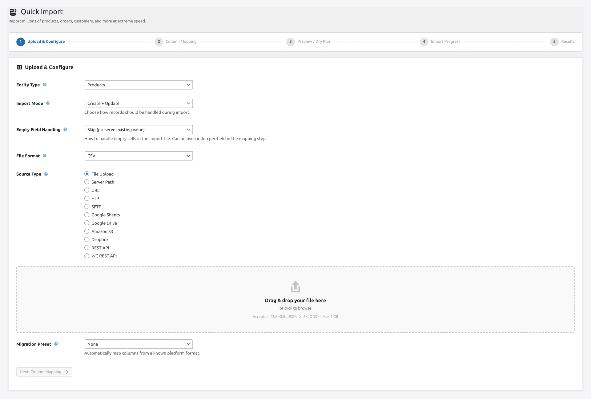 File Upload source panel