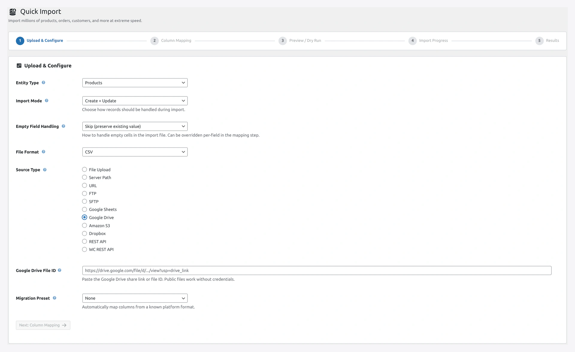 Google Drive source panel in import wizard