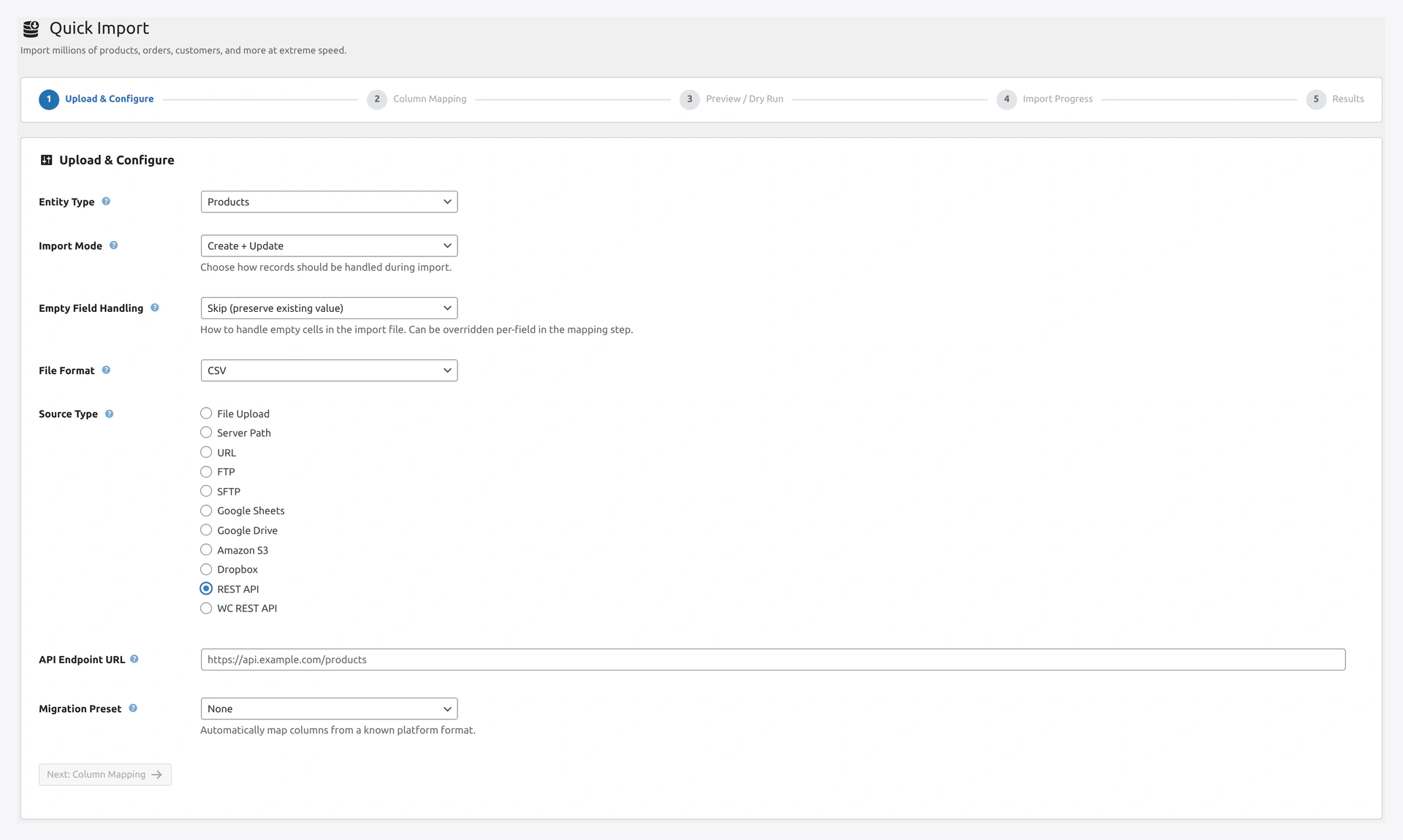 REST API source panel