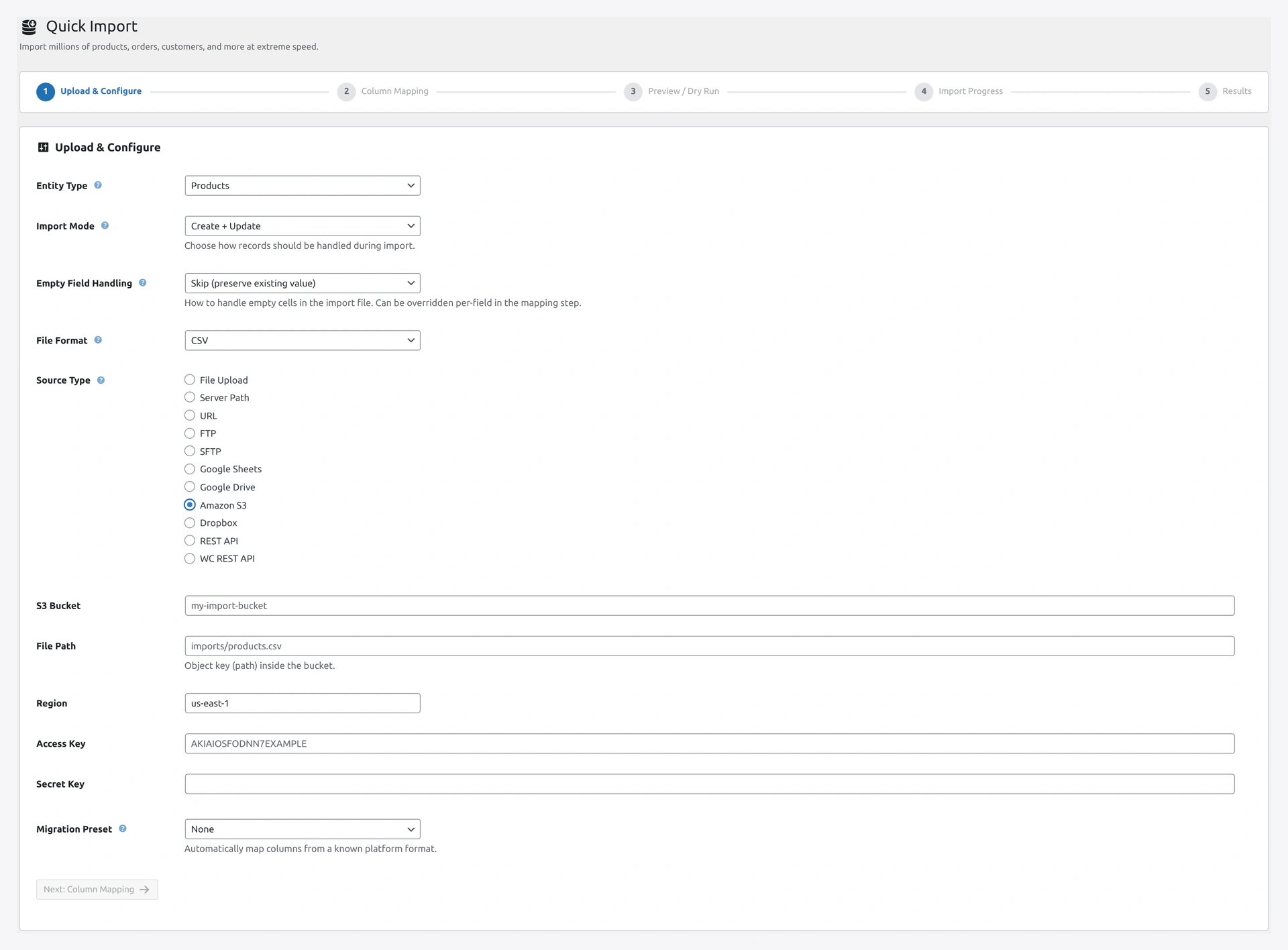 Amazon S3 source panel in import wizard