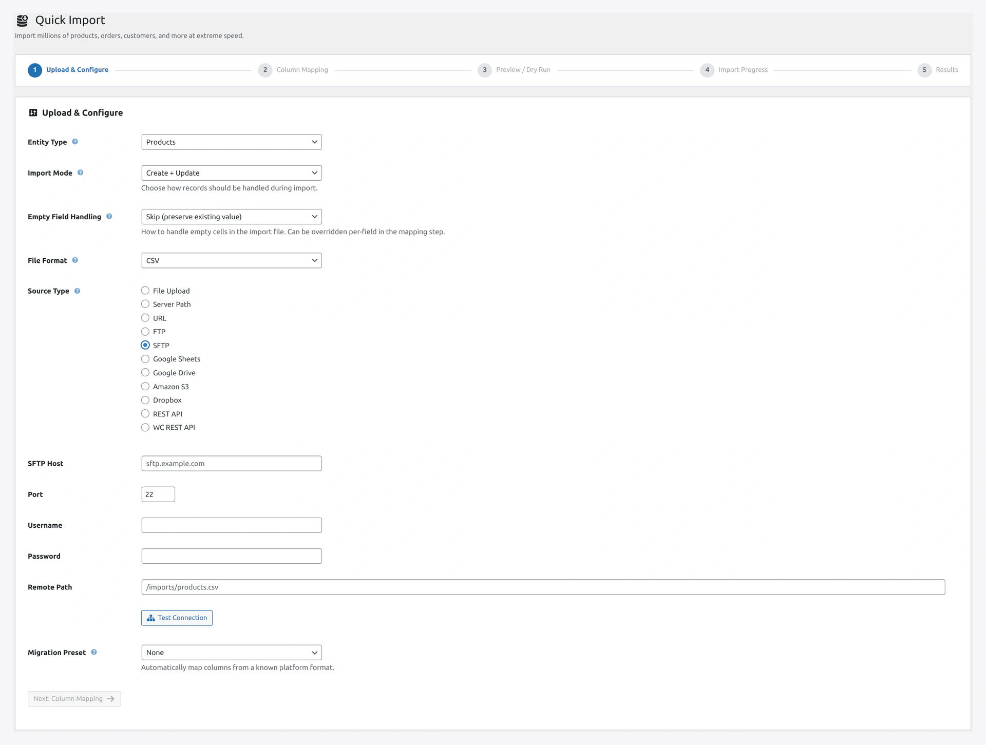 SFTP source panel