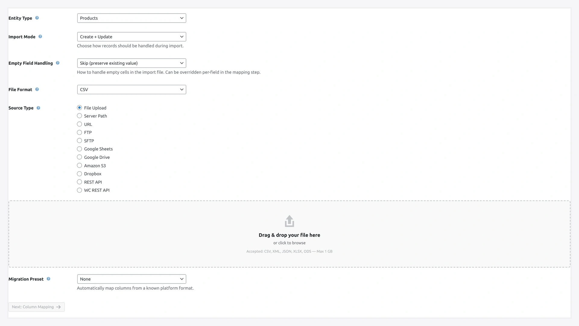 Migration preset dropdown