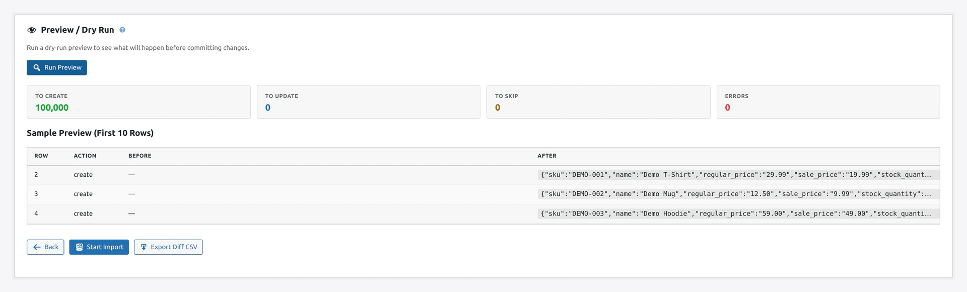 Wizard step 3 — dry run preview with sample rows and create/update counts
