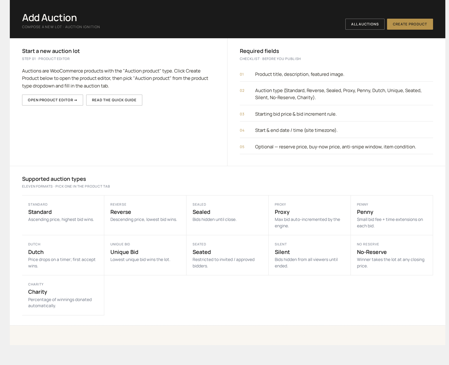 Add Auction — single-screen creation form linking a WooCommerce product to auction settings