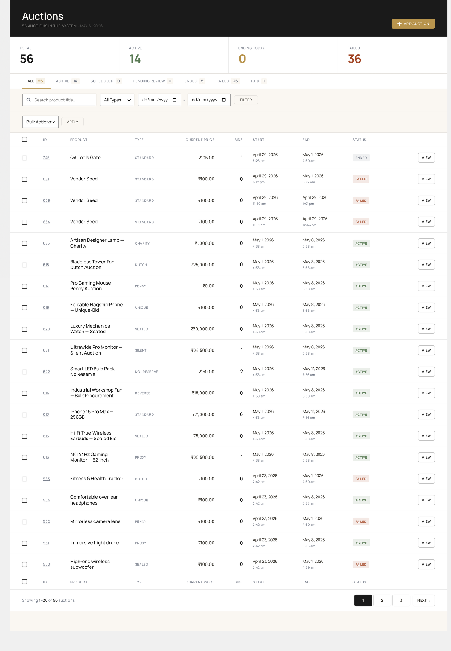 All Auctions — full list with status, type, current price, bids, time left and bulk-action toolbar