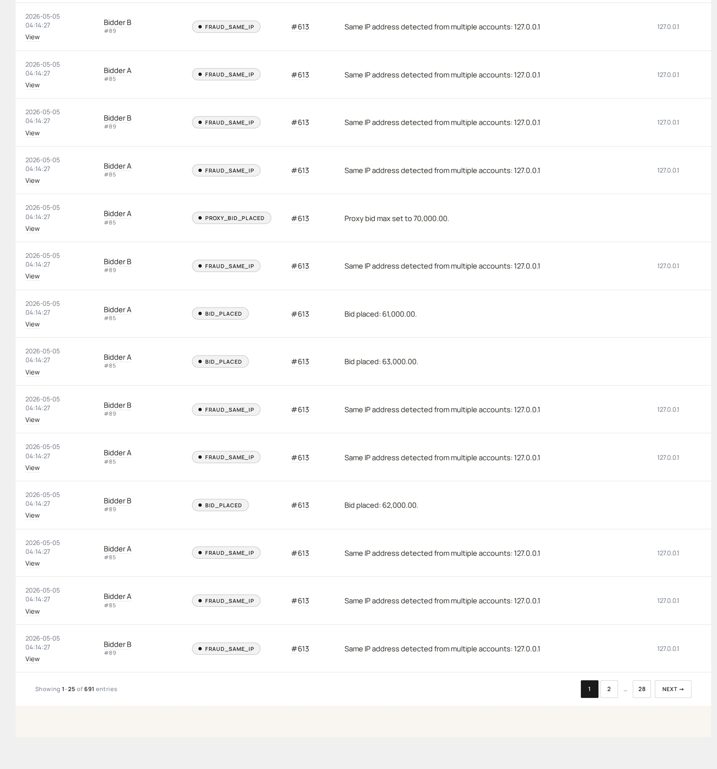 Audit Log — continuing event stream with admin actions and lifecycle entries (bottom)