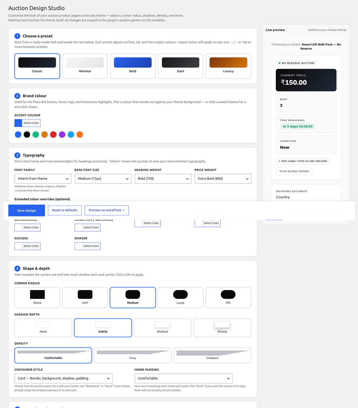 Design Studio — visual presets, accent palette, typography and shape & depth controls (top of page)
