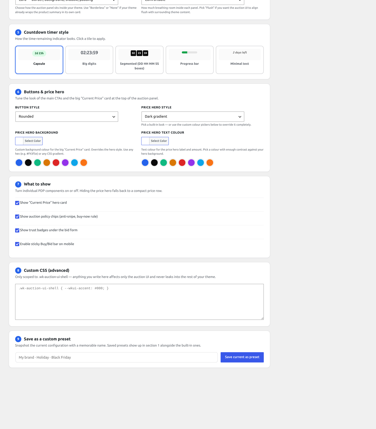 Design Studio — density, countdown style, button presets and the live iframe preview (bottom of page)
