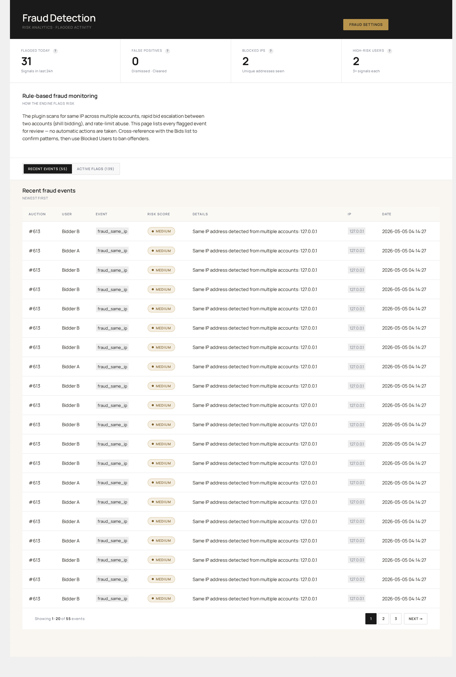 Fraud Detection → Recent Events — live signal stream with rule, severity, user and timestamp