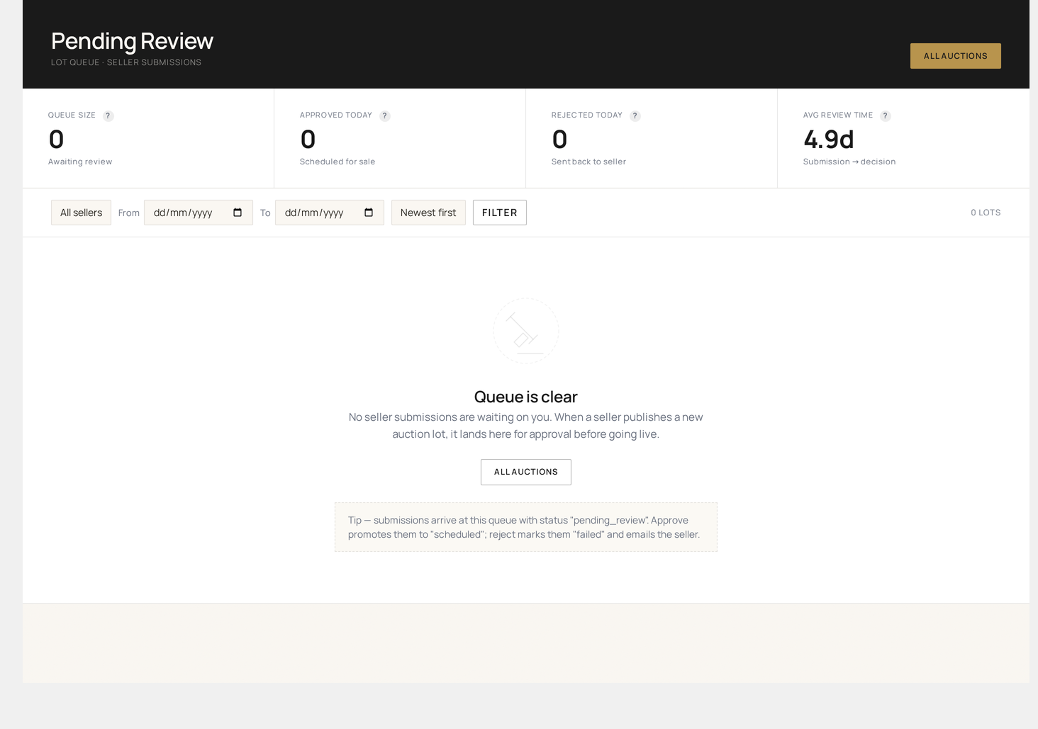 Pending Review — vendor lot moderation queue with approve / reject / request-changes actions