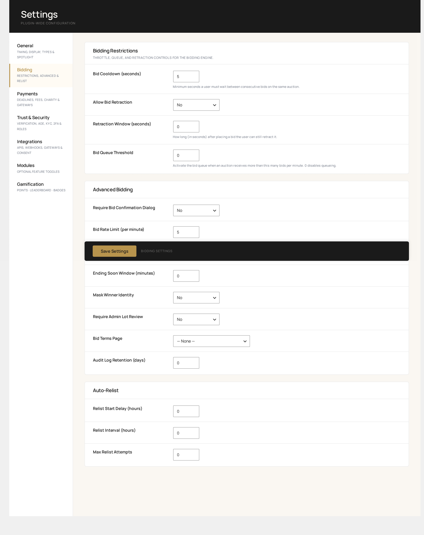 Settings → Bidding — restrictions, advanced and relist behaviour