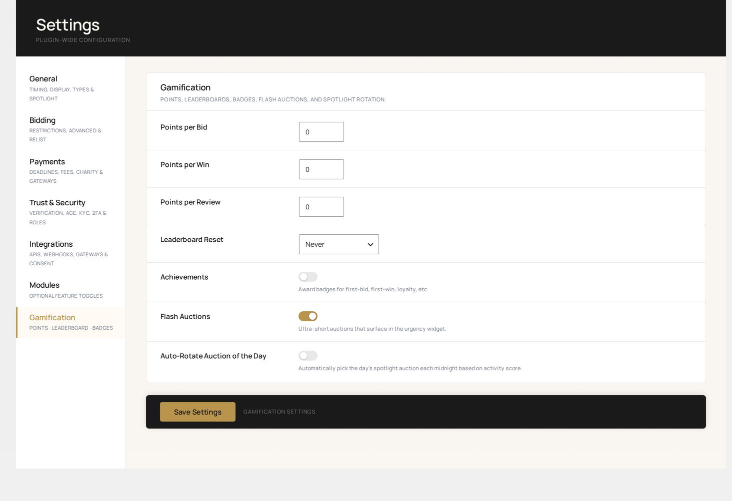 Settings → Gamification — points, leaderboard and badges configuration