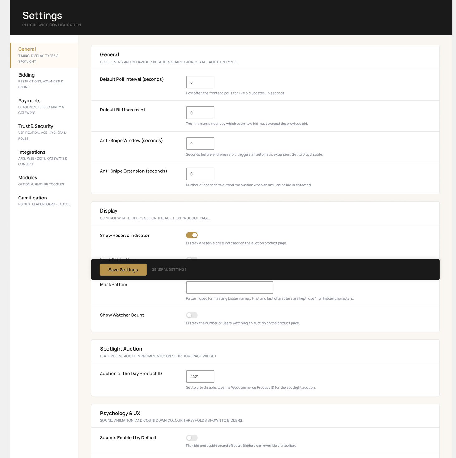 Settings → General — plugin-wide configuration with the full tab strip on the left (General · Bidding · Payments · Trust & Security · Integrations · Modules · Gamification)
