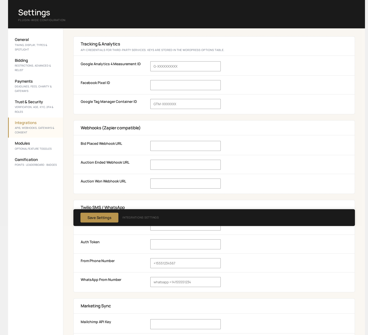 Settings → Integrations — APIs, webhooks and gateway keys (top)