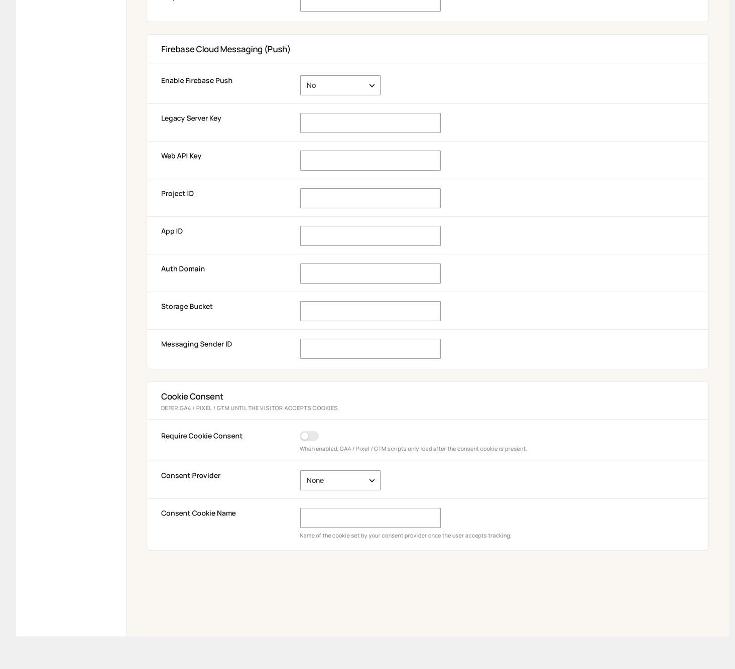 Settings → Integrations — consent details and remaining toggles (bottom)