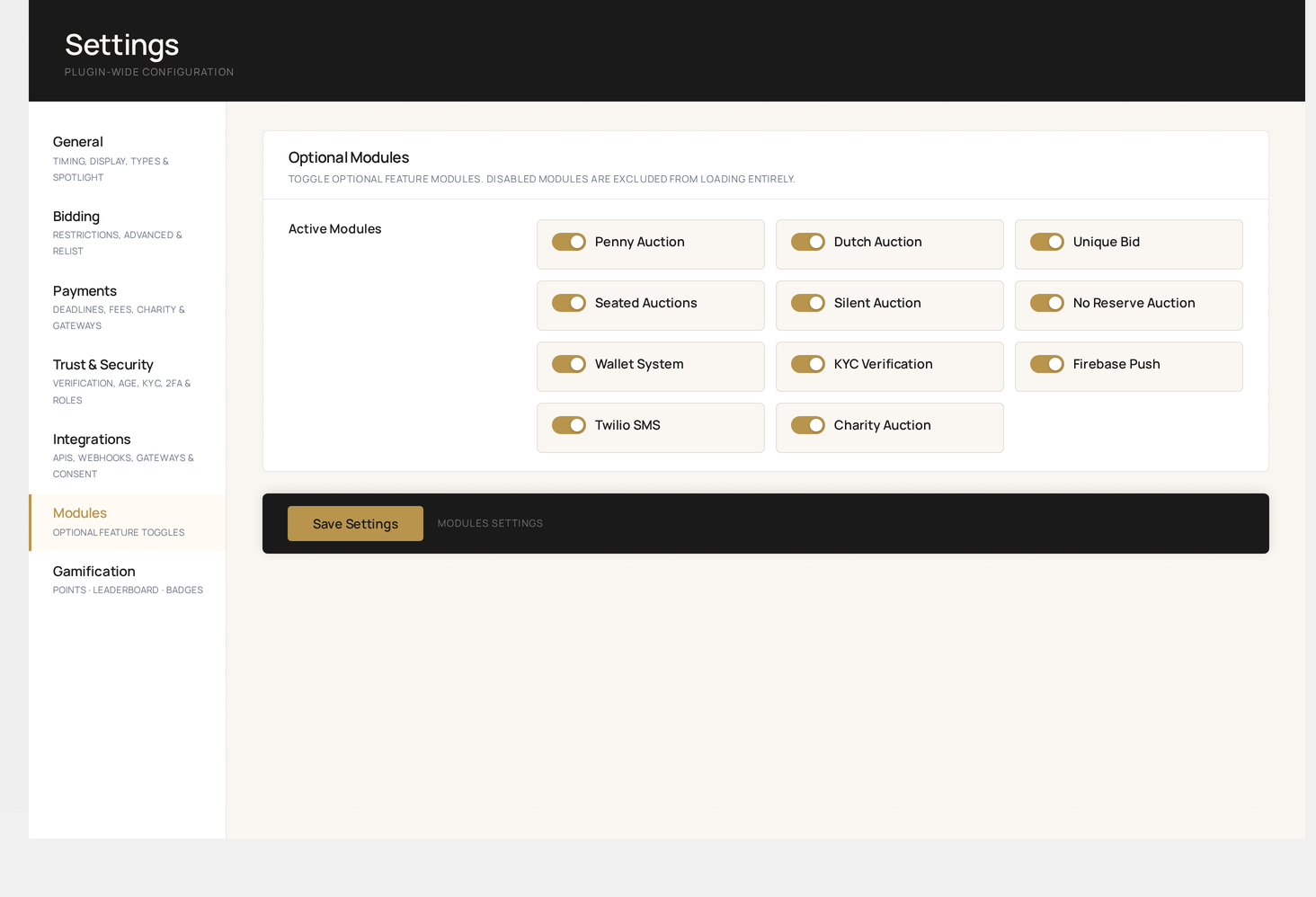 Settings → Modules — optional feature toggles you can flip on per deployment
