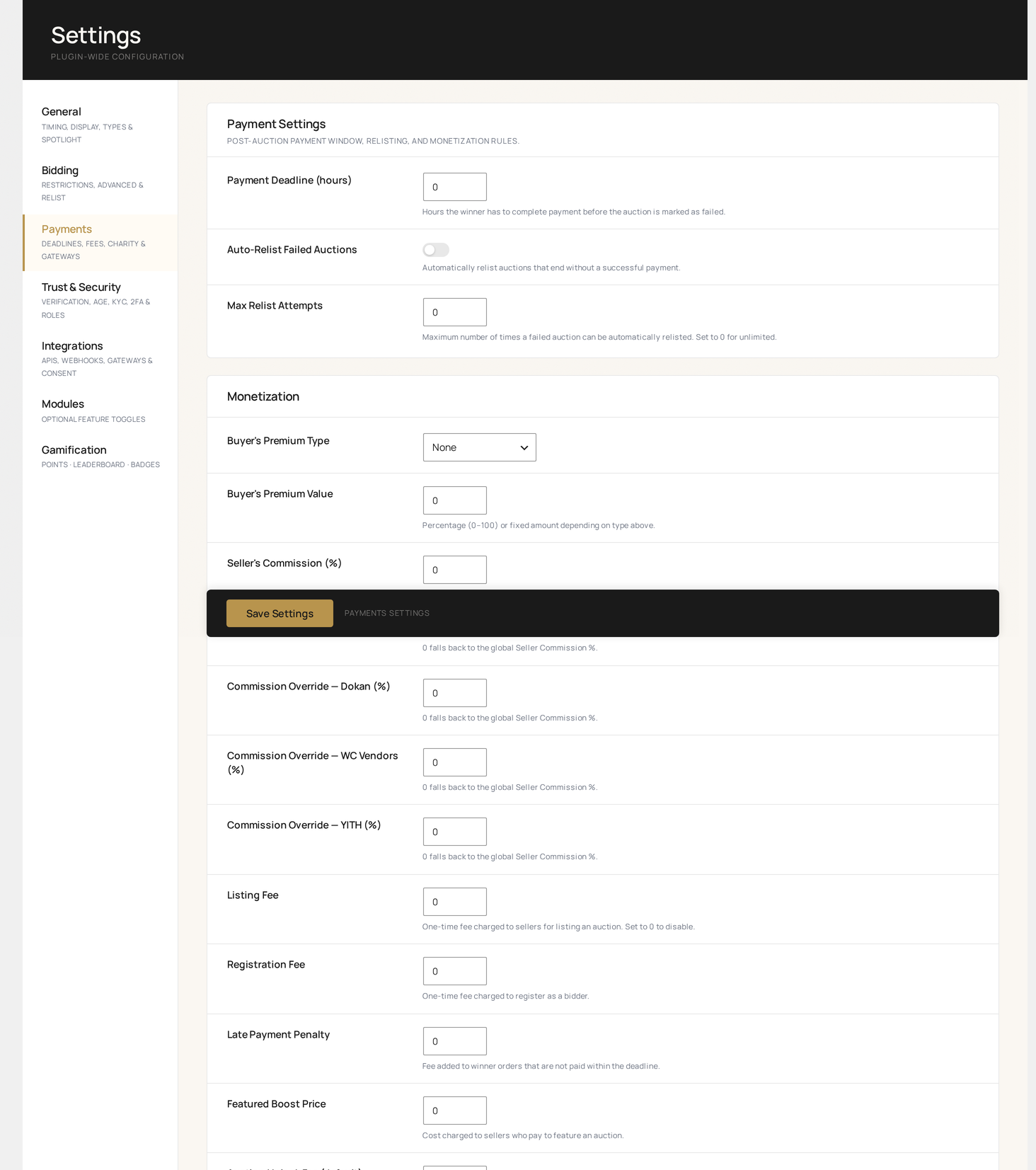 Settings → Payments — deadlines and global payment defaults (top)