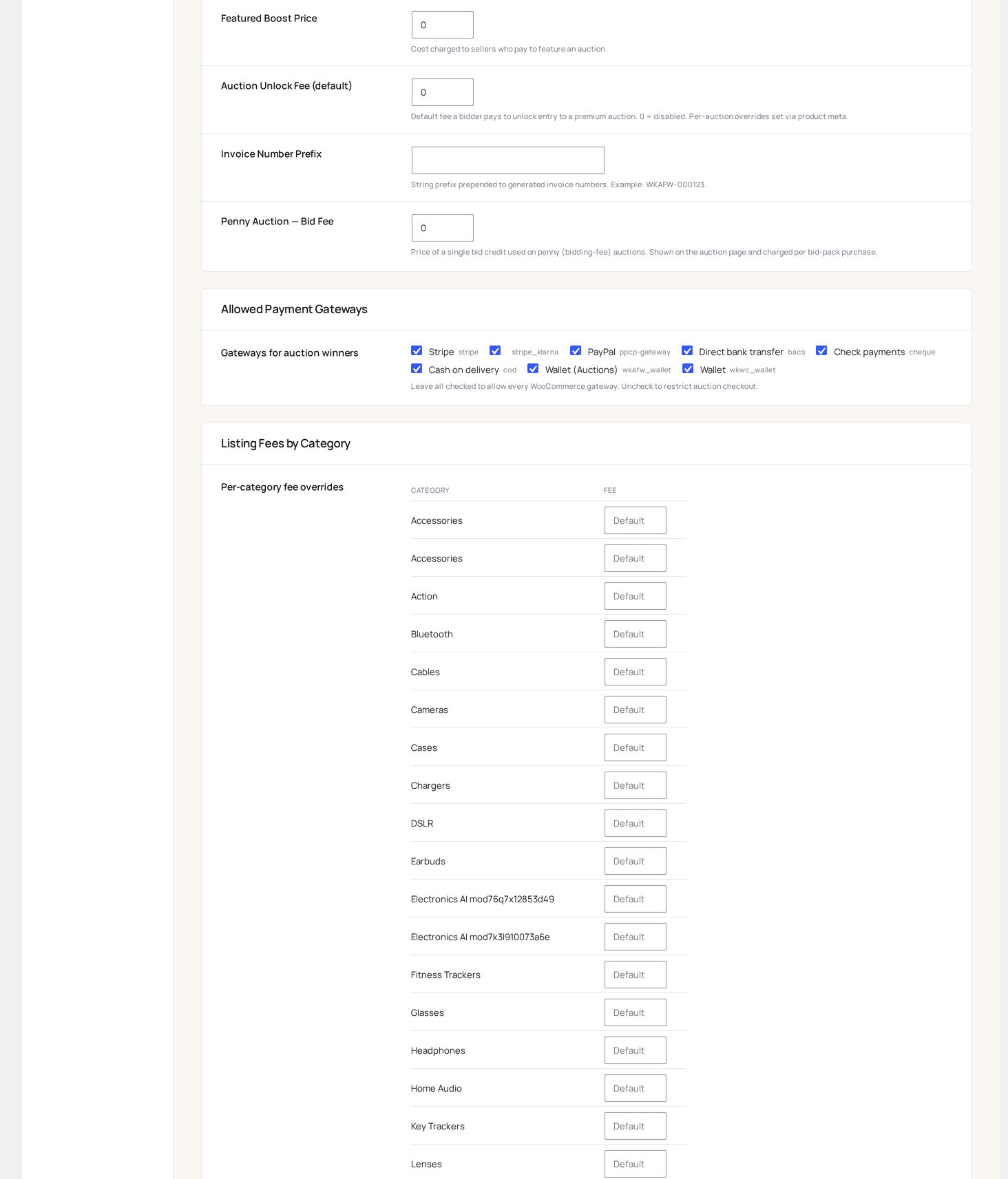 Settings → Payments — fee structure (upper middle)