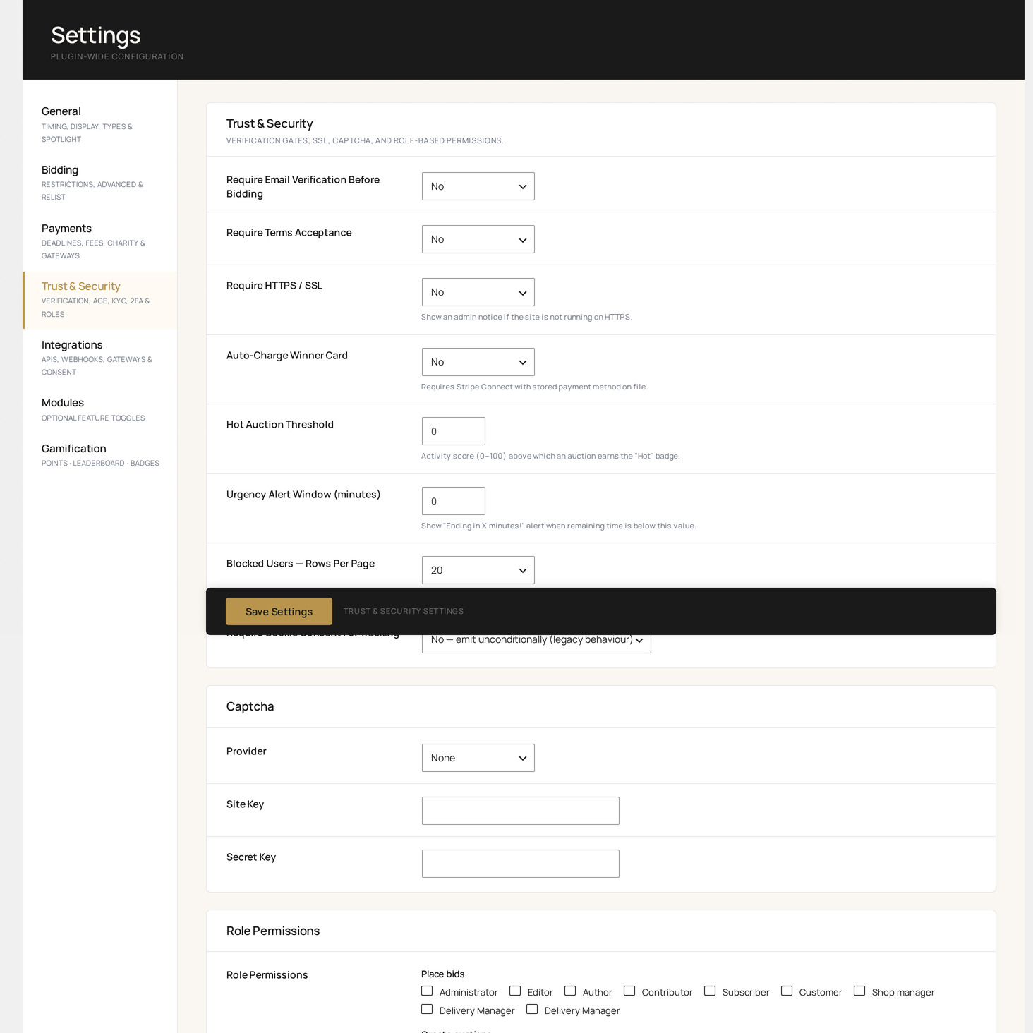 Settings → Trust & Security — verification requirements, age gate and KYC (top)