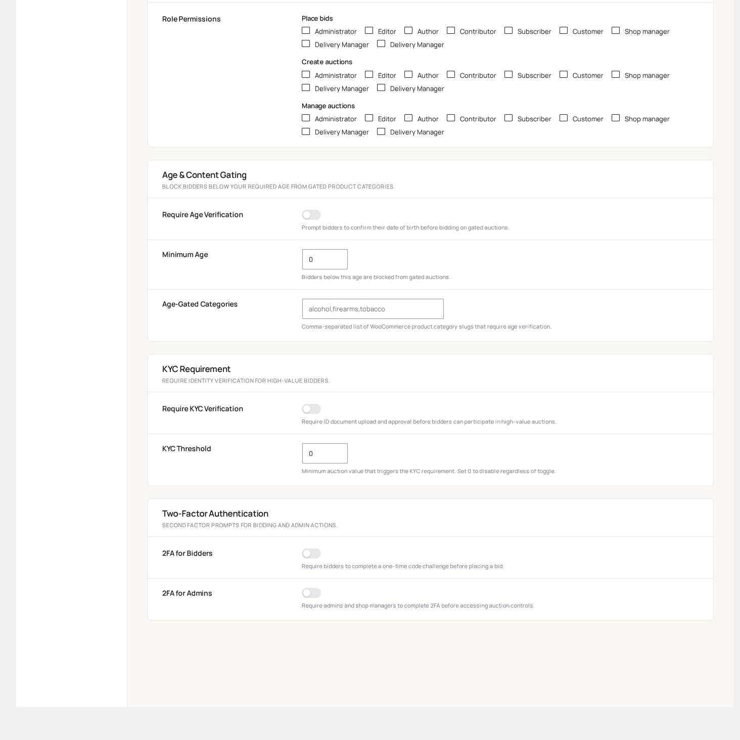 Settings → Trust & Security — 2FA, role permissions and audit toggles (bottom)
