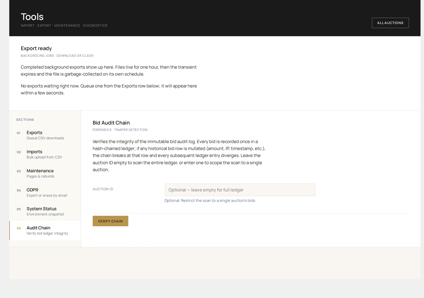 Tools → Audit Chain — verify the bid ledger integrity end-to-end