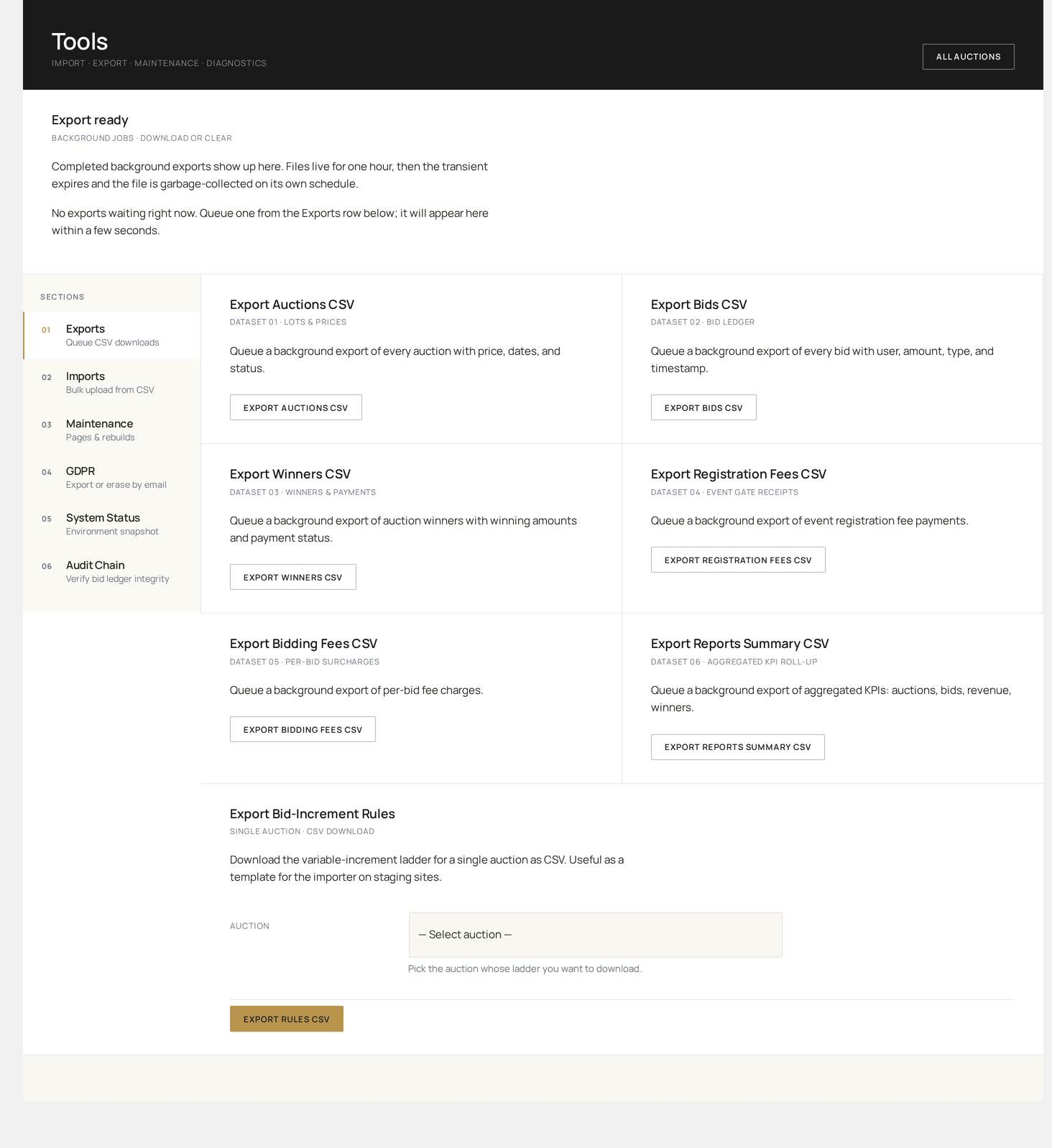 Tools → Exports queue — CSV download history with the section navigation: 01 Exports · 02 Imports · 03 Maintenance · 04 GDPR · 05 System Status · 06 Audit Chain