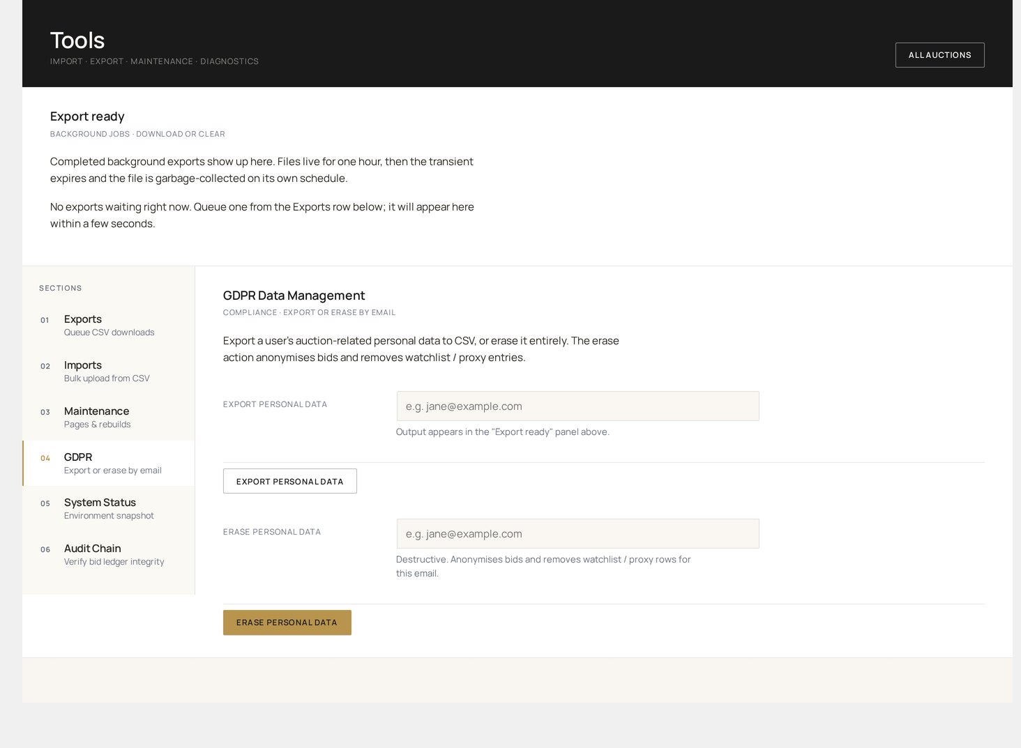 Tools → GDPR — export-or-erase by email helper for data-subject requests