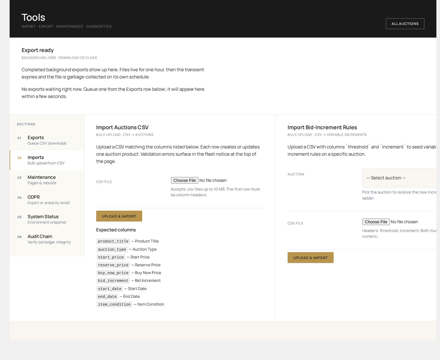 Tools → Imports — bulk upload from CSV with column-mapping, dry-run and progress reporting