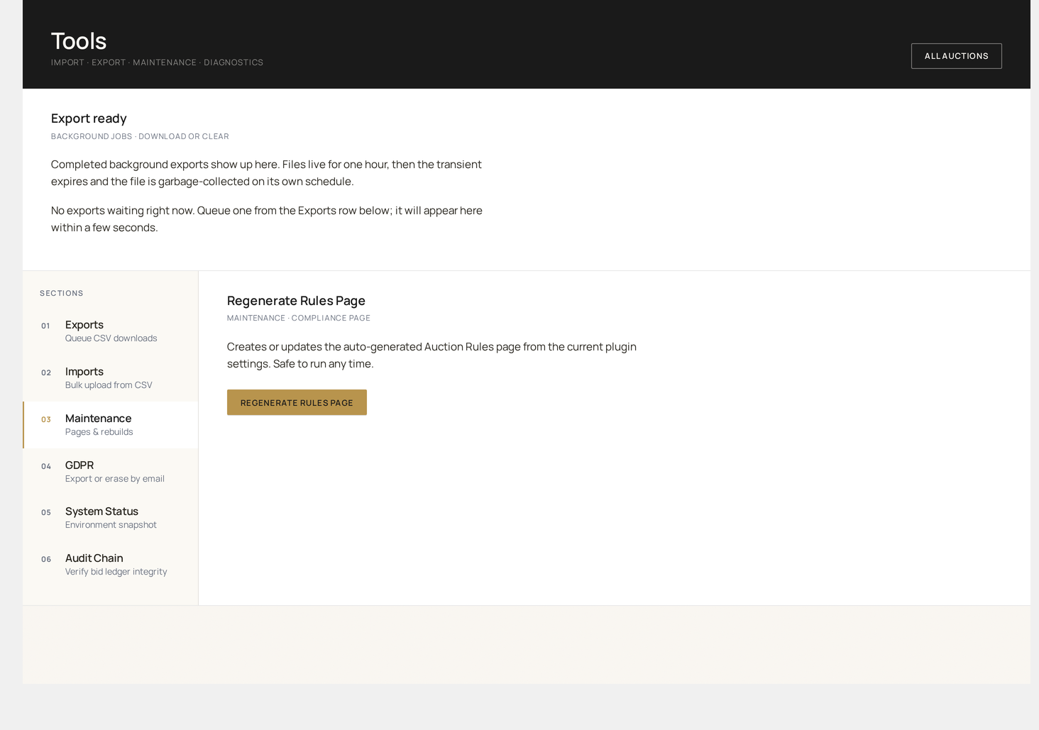 Tools → Maintenance — pages, rebuilds, recompute totals and one-off scripts