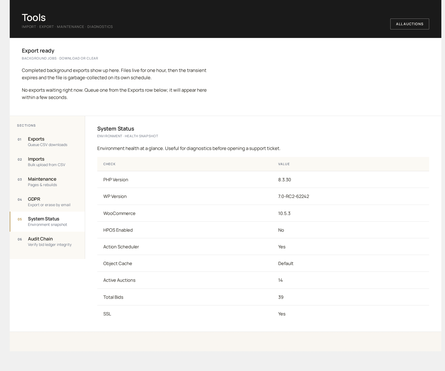 Tools → System Status — environment snapshot, plugin / WordPress / WooCommerce versions, PHP limits and active feature flags