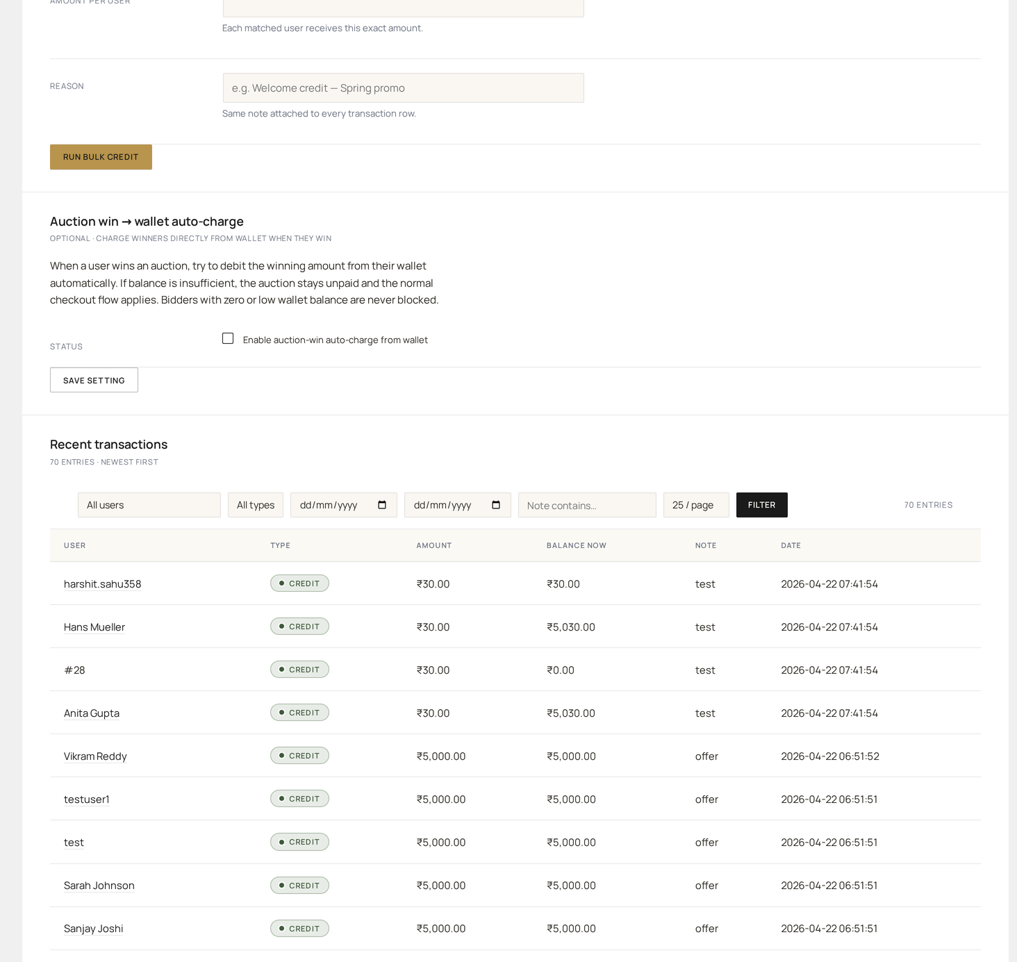 Wallet (admin) — customer search panel with balance, transaction list and manual ops (middle)