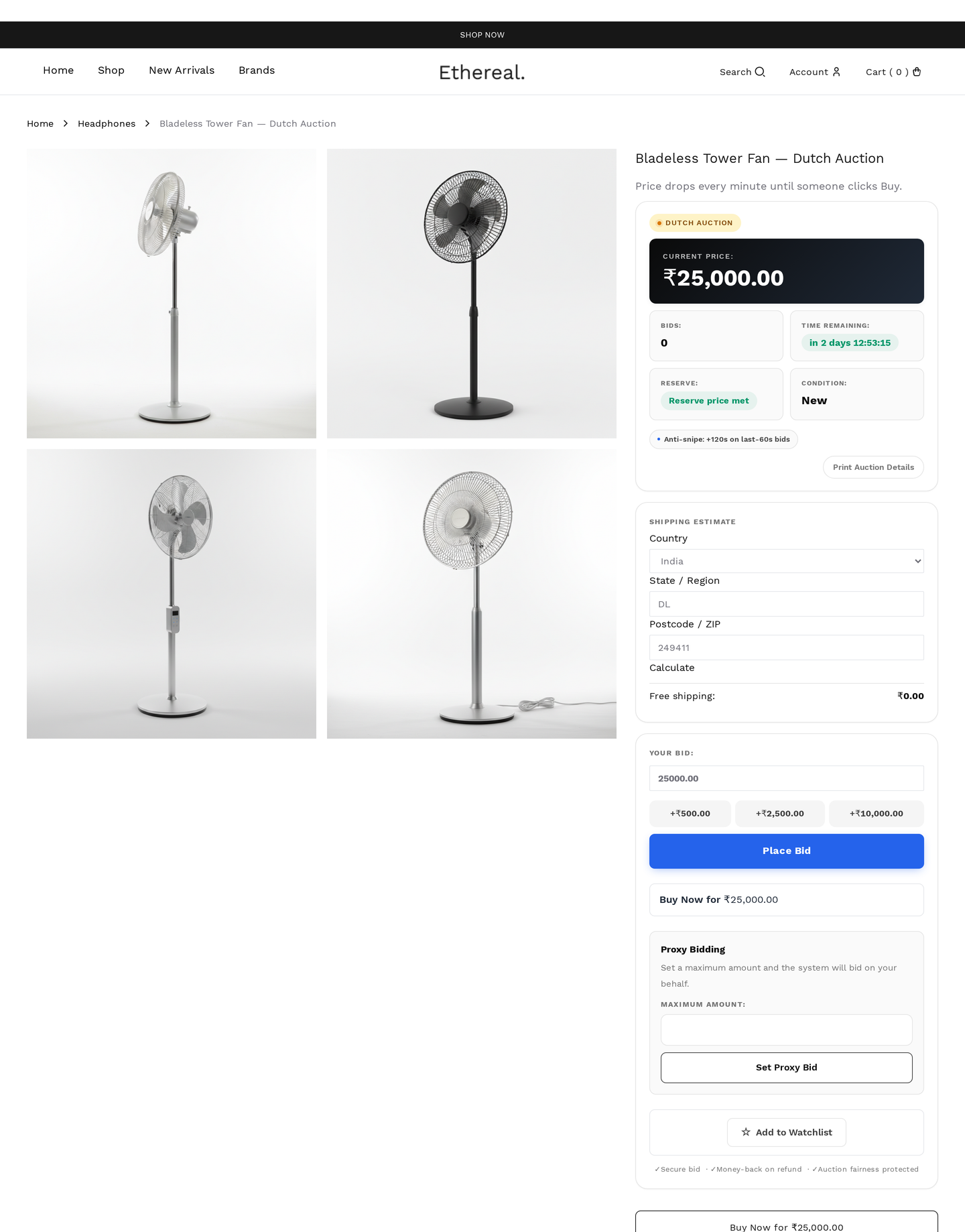 Dutch auction — price drops on a fixed schedule and the first bidder to Accept current price wins the lot